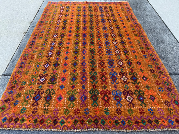 3x5 Handmade Vintage Afghan Baluch Rug | Copper Brown Forest Olive Green Navy Blue Magenta Brick Red Peach Burnt Orange | Wool Flatwoven