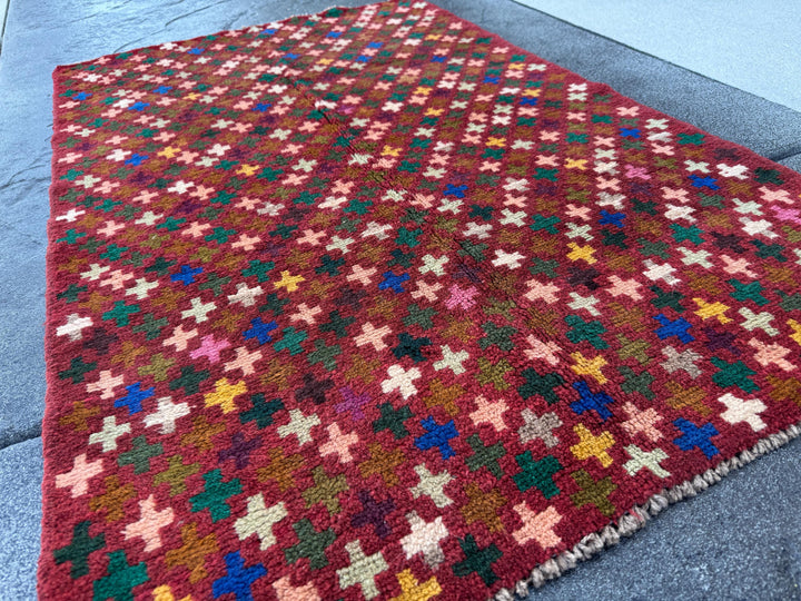 3x5 Handmade Vintage Afghan Baluch Rug | Brick Red Copper Chocolate Brown Rose Pink Peach Forest Olive Moss Green White Grey Mustard | Wool