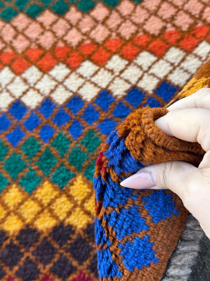 3x4 Handmade Vintage Afghan Baluch Rug | Chocolate Brown Forest Green Brick Red Navy Blue Black White Burnt Orange Mustard Yellow Peach