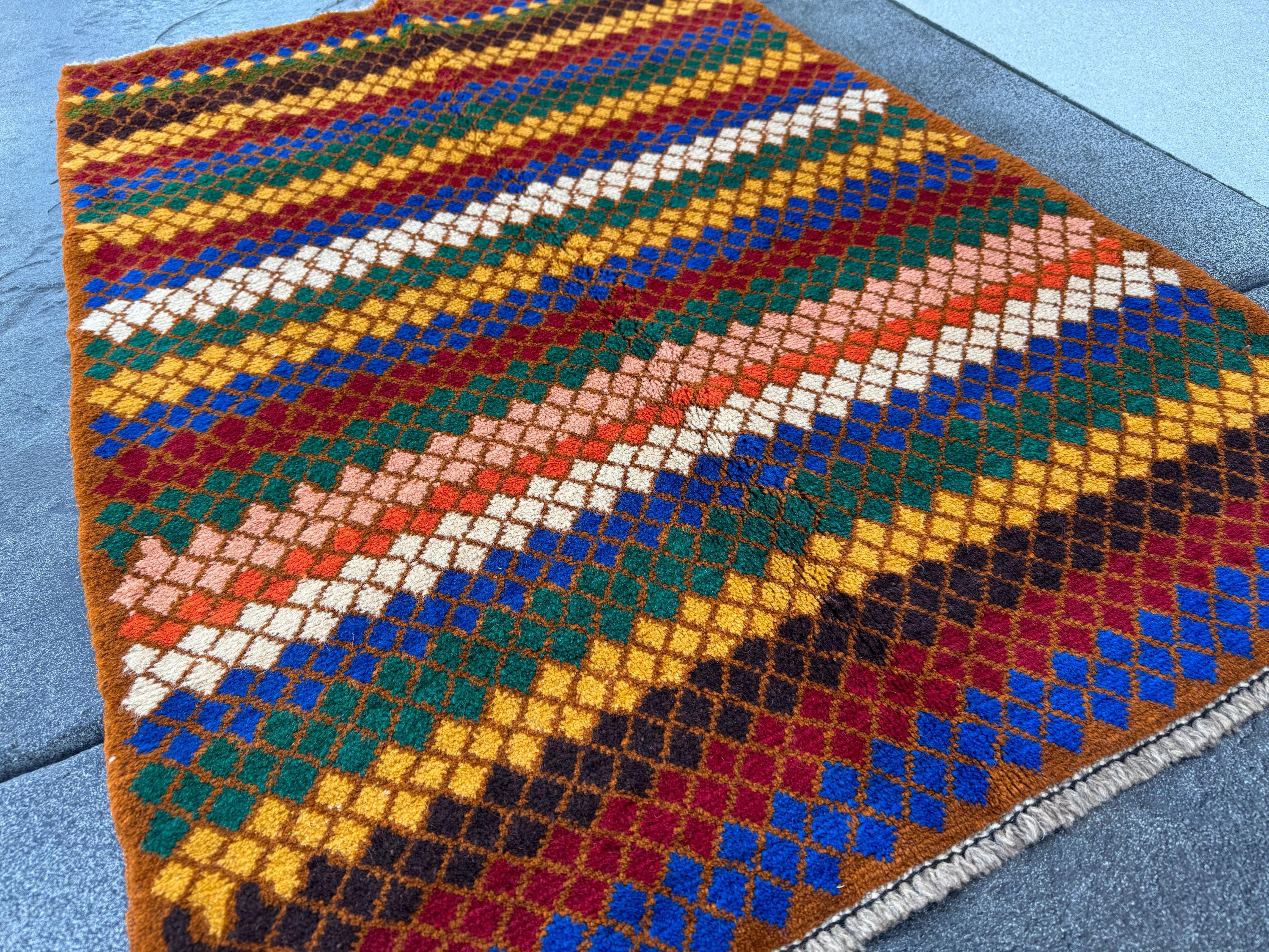 3x4 Handmade Vintage Afghan Baluch Rug | Chocolate Brown Forest Green Brick Red Navy Blue Black White Burnt Orange Mustard Yellow Peach