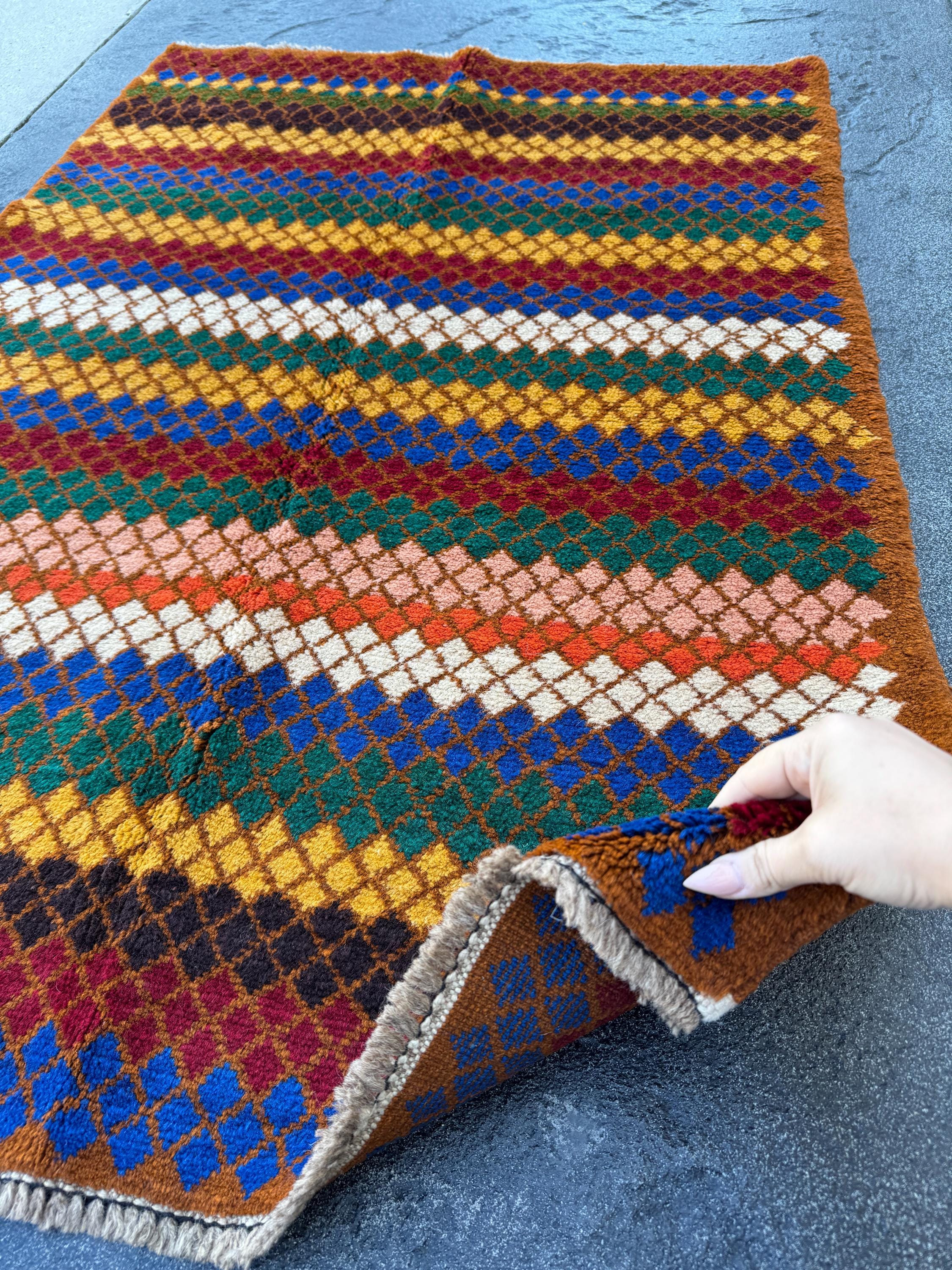 3x4 Handmade Vintage Afghan Baluch Rug | Chocolate Brown Forest Green Brick Red Navy Blue Black White Burnt Orange Mustard Yellow Peach