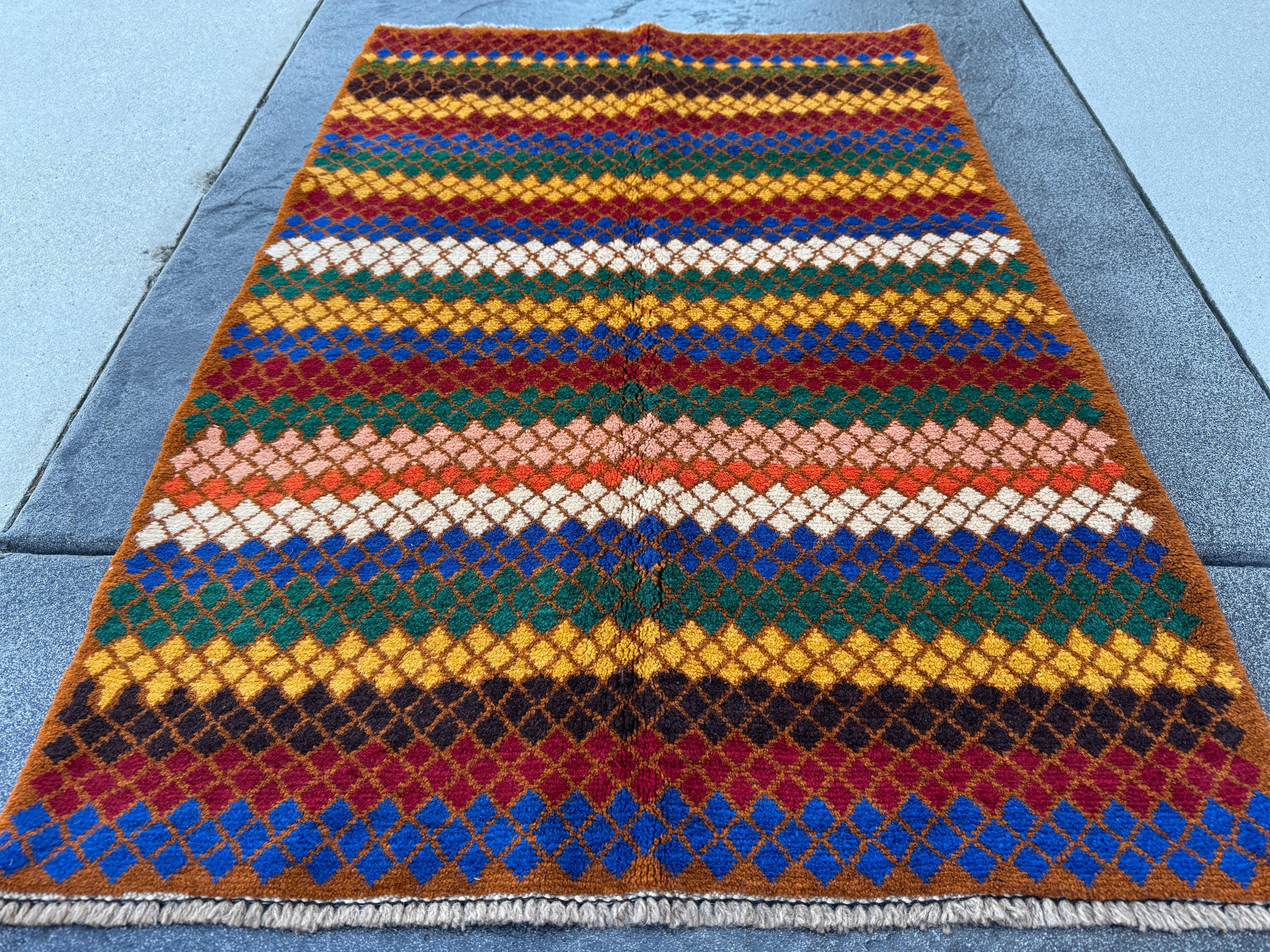3x4 Handmade Vintage Afghan Baluch Rug | Chocolate Brown Forest Green Brick Red Navy Blue Black White Burnt Orange Mustard Yellow Peach