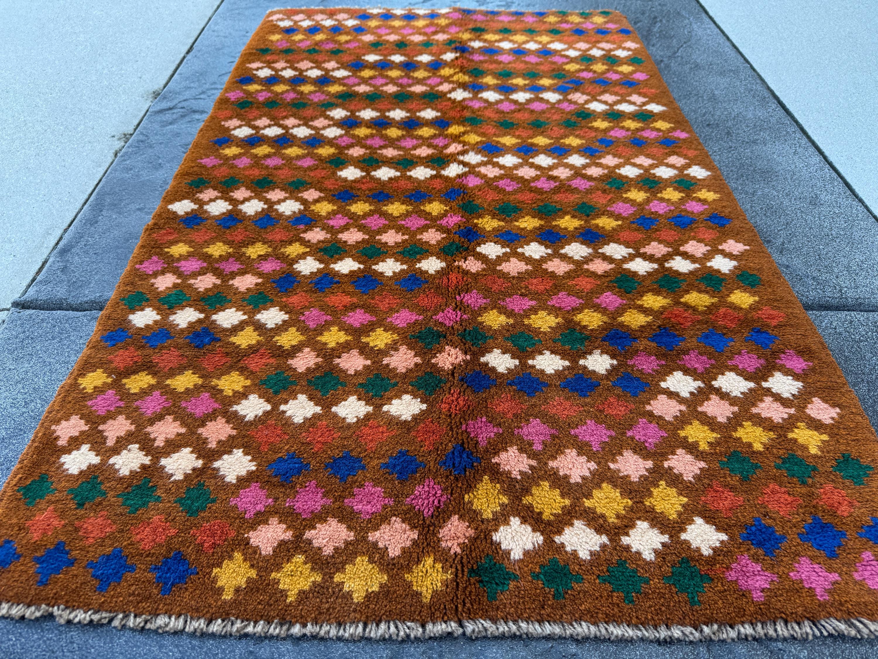 3x5 Handmade Vintage Afghan Baluch Rug | Chocolate Brown Burnt Orange Navy Blue White Peach Rose Pink Mustard Yellow Forest Green | Wool