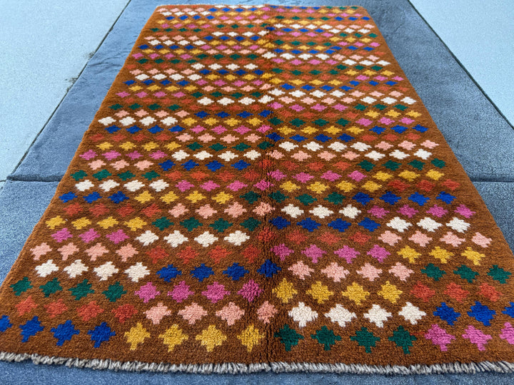 3x5 Handmade Vintage Afghan Baluch Rug | Chocolate Brown Burnt Orange Navy Blue White Peach Rose Pink Mustard Yellow Forest Green | Wool