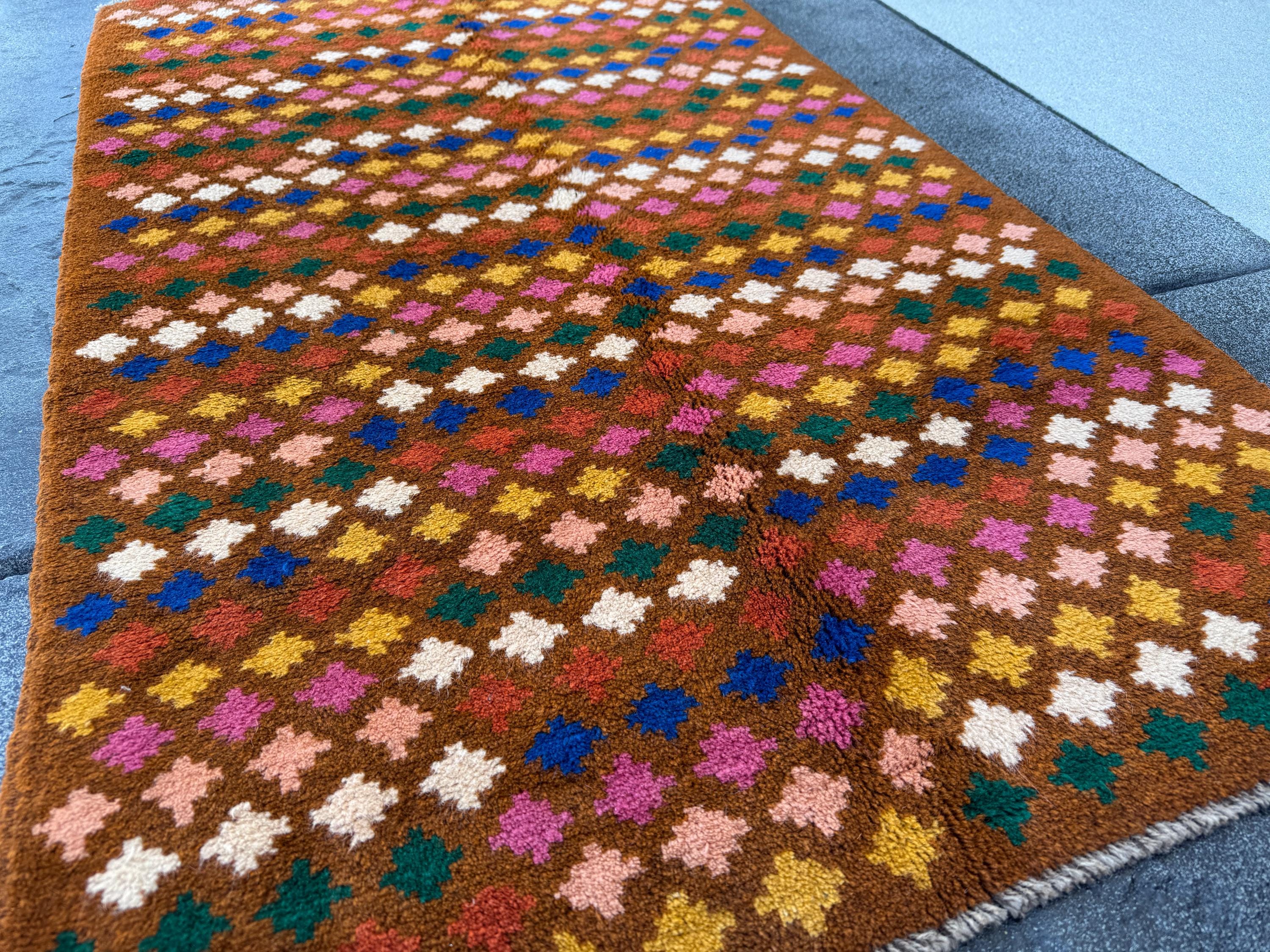 3x5 Handmade Vintage Afghan Baluch Rug | Chocolate Brown Burnt Orange Navy Blue White Peach Rose Pink Mustard Yellow Forest Green | Wool