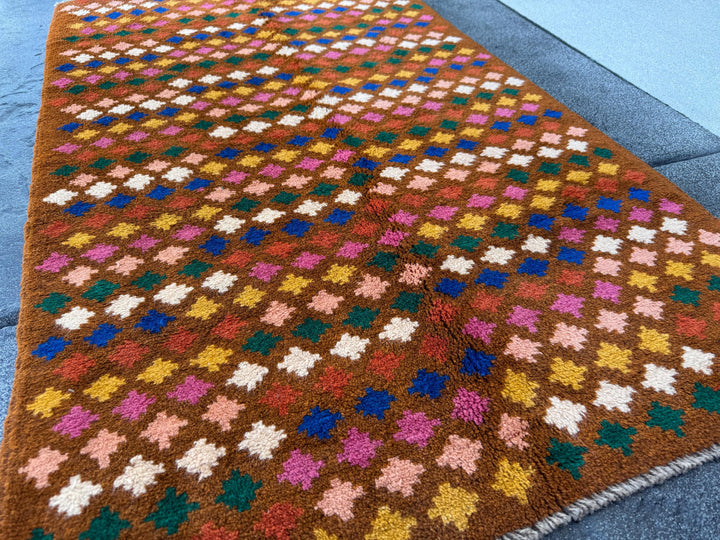 3x5 Handmade Vintage Afghan Baluch Rug | Chocolate Brown Burnt Orange Navy Blue White Peach Rose Pink Mustard Yellow Forest Green | Wool