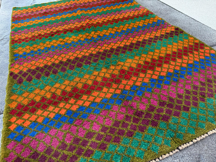 3x5 Handmade Vintage Afghan Baluch Rug | Olive Forest Green Burnt Orange Brick Red Rose Pink Eggplant Purple Magenta | Wool Flatwoven