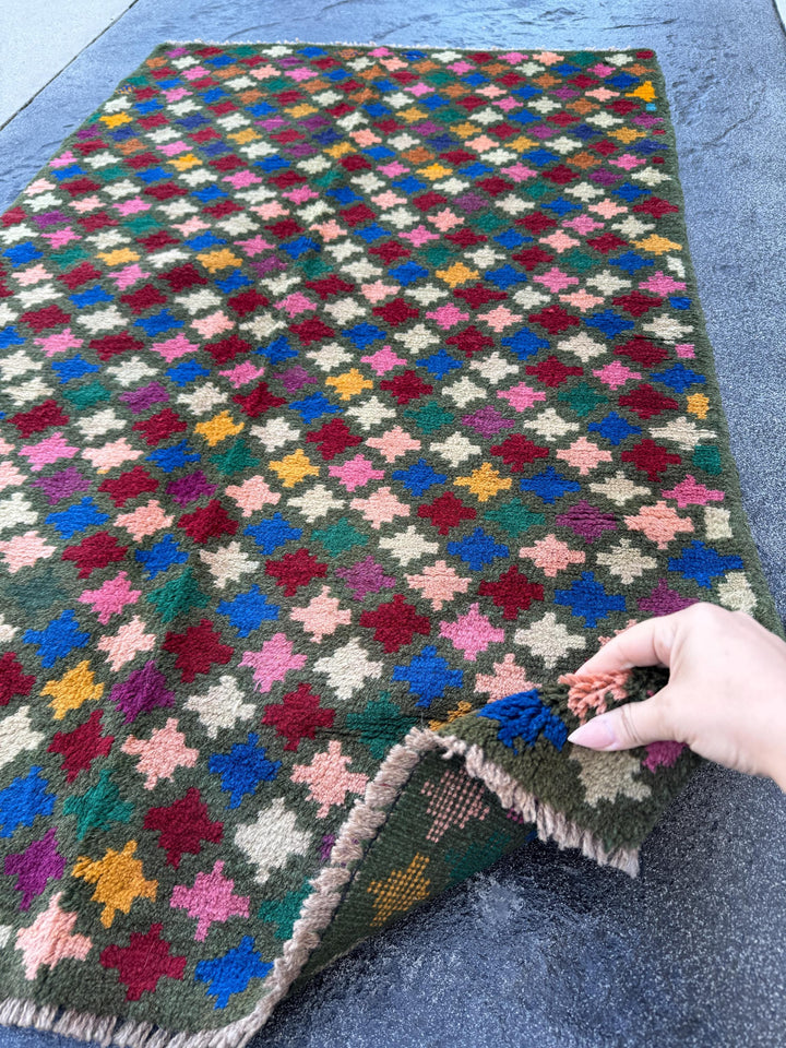 3x5 Handmade Vintage Afghan Baluch Rug | Charcoal Grey Brick Red Rose Salmon Pink Peach Mustard Yellow Navy Blue Forest Green White Purple