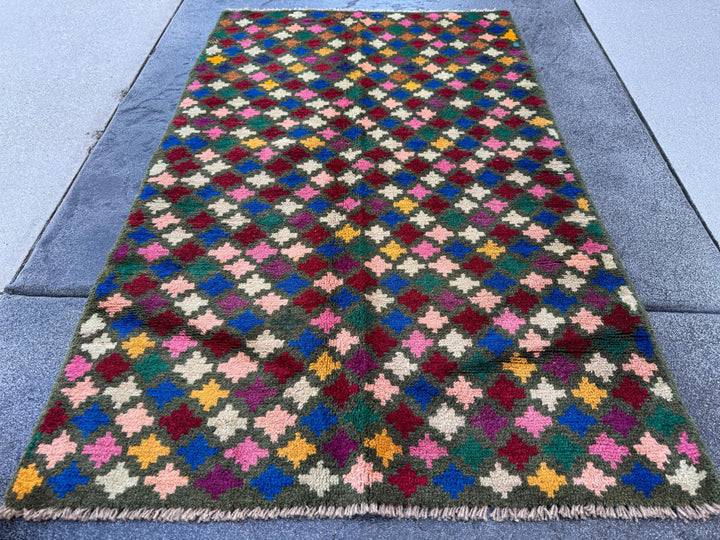 3x5 Handmade Vintage Afghan Baluch Rug | Charcoal Grey Brick Red Rose Salmon Pink Peach Mustard Yellow Navy Blue Forest Green White Purple