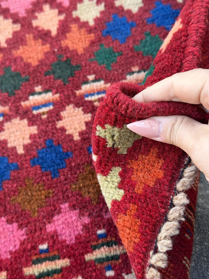 3x5 Handmade Vintage Afghan Baluch Rug | Brick Red Peach Mint Pine Green Burnt Orange Rose Pink White Cream Navy Blue Tan Copper Brown