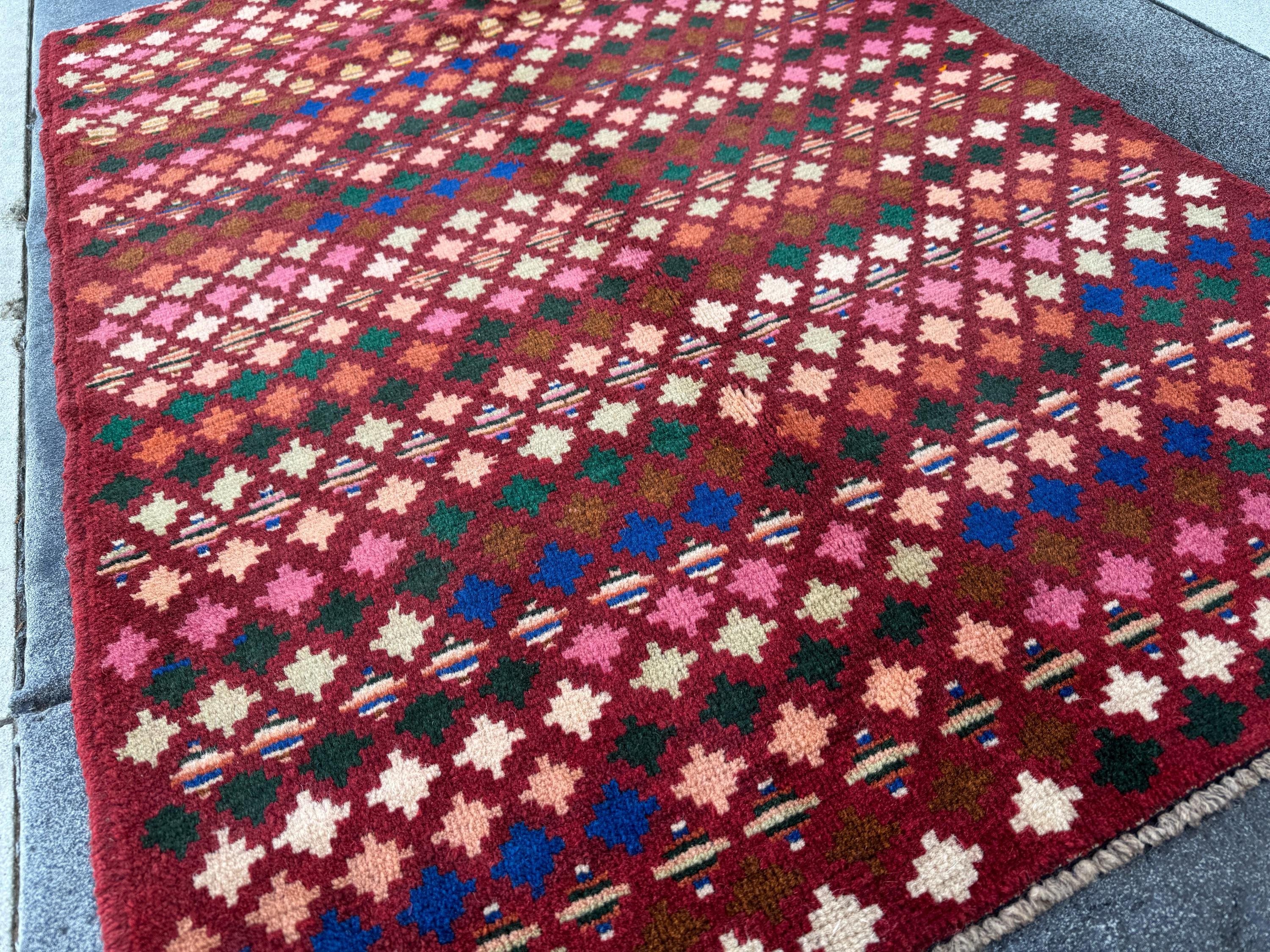 3x5 Handmade Vintage Afghan Baluch Rug | Brick Red Peach Mint Pine Green Burnt Orange Rose Pink White Cream Navy Blue Tan Copper Brown