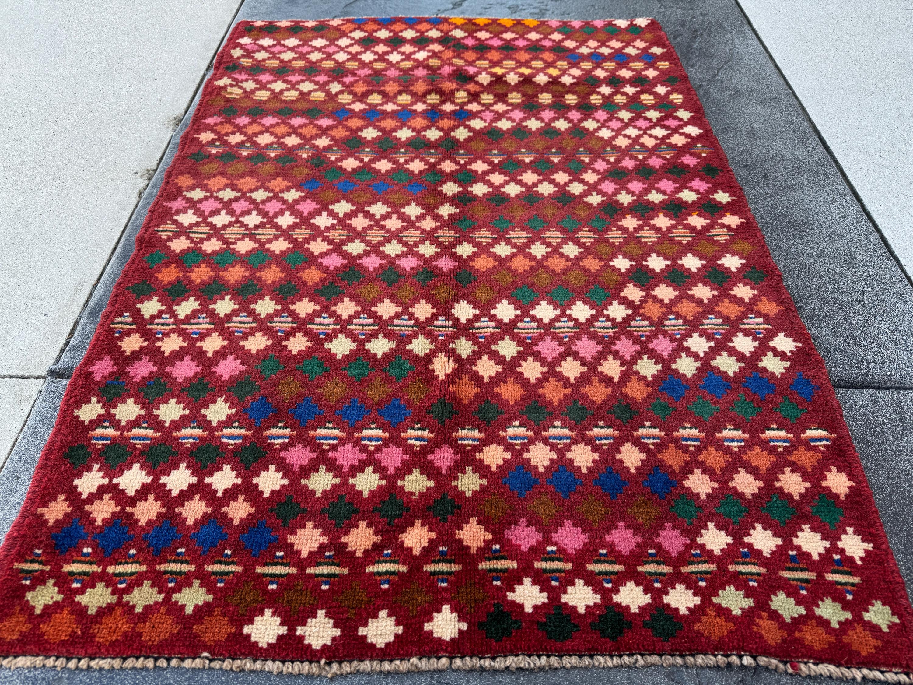 3x5 Handmade Vintage Afghan Baluch Rug | Brick Red Peach Mint Pine Green Burnt Orange Rose Pink White Cream Navy Blue Tan Copper Brown