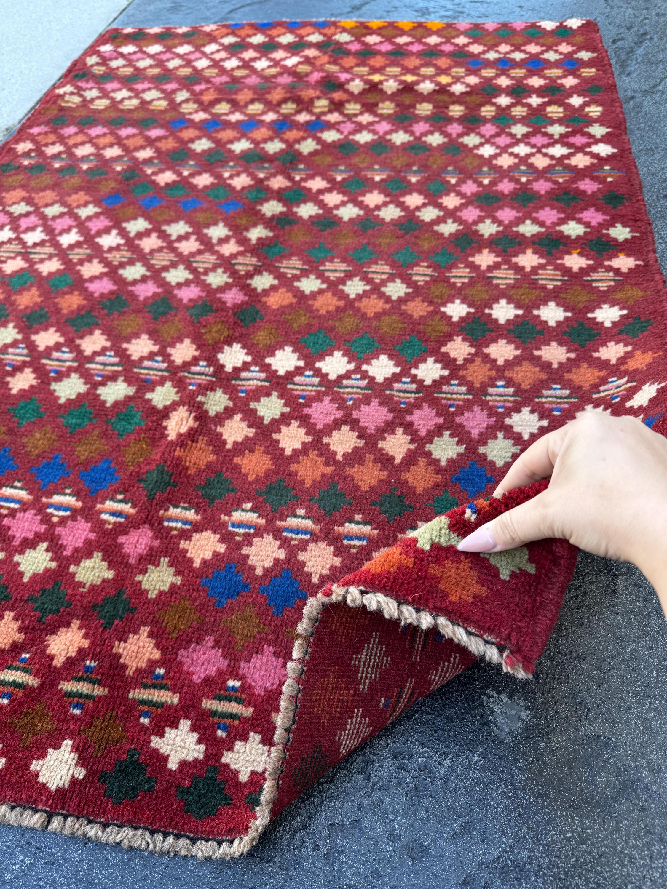 3x5 Handmade Vintage Afghan Baluch Rug | Brick Red Peach Mint Pine Green Burnt Orange Rose Pink White Cream Navy Blue Tan Copper Brown