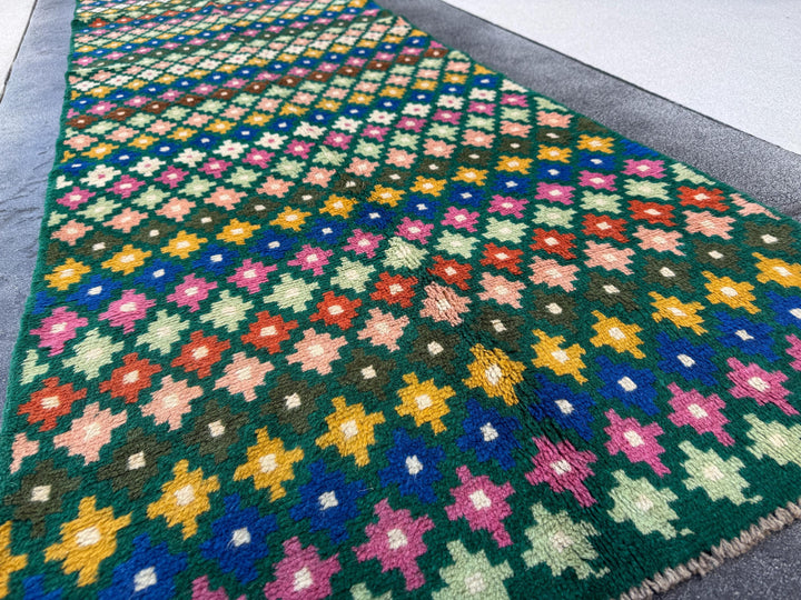 3x10 Handmade Vintage Afghan Baluch Runner Rug | Forest Mint Olive Moss Green Mustard Yellow Navy Blue Cream White Rose Peach Burnt Orange