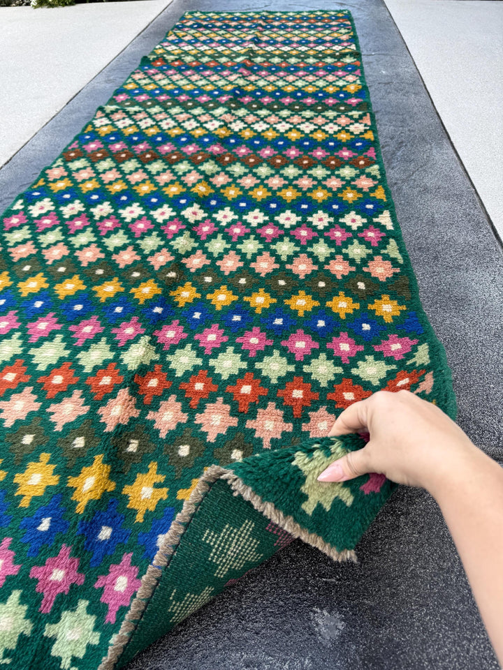 3x10 Handmade Vintage Afghan Baluch Runner Rug | Forest Mint Olive Moss Green Mustard Yellow Navy Blue Cream White Rose Peach Burnt Orange