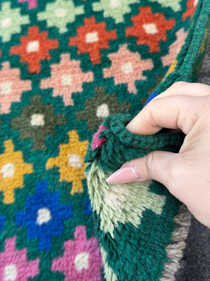 3x10 Handmade Vintage Afghan Baluch Runner Rug | Forest Mint Olive Moss Green Mustard Yellow Navy Blue Cream White Rose Peach Burnt Orange