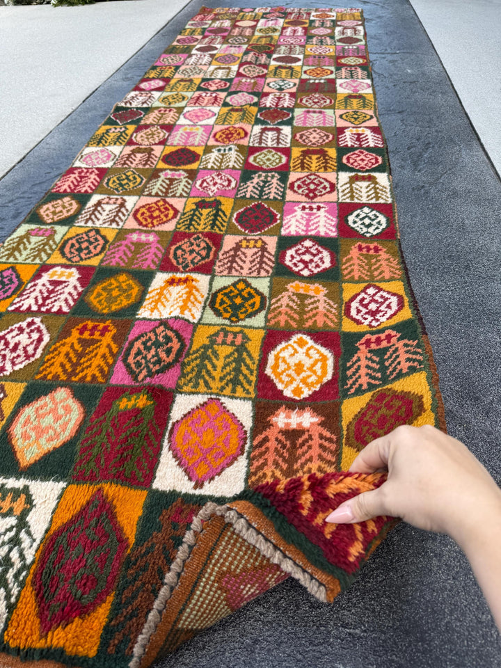3x10 Handmade Vintage Afghan Baluch Runner Rug | Pine Moss Olive Mint Burnt Orange Rose Pink Peach Chocolate Brown White Mustard Brick Red