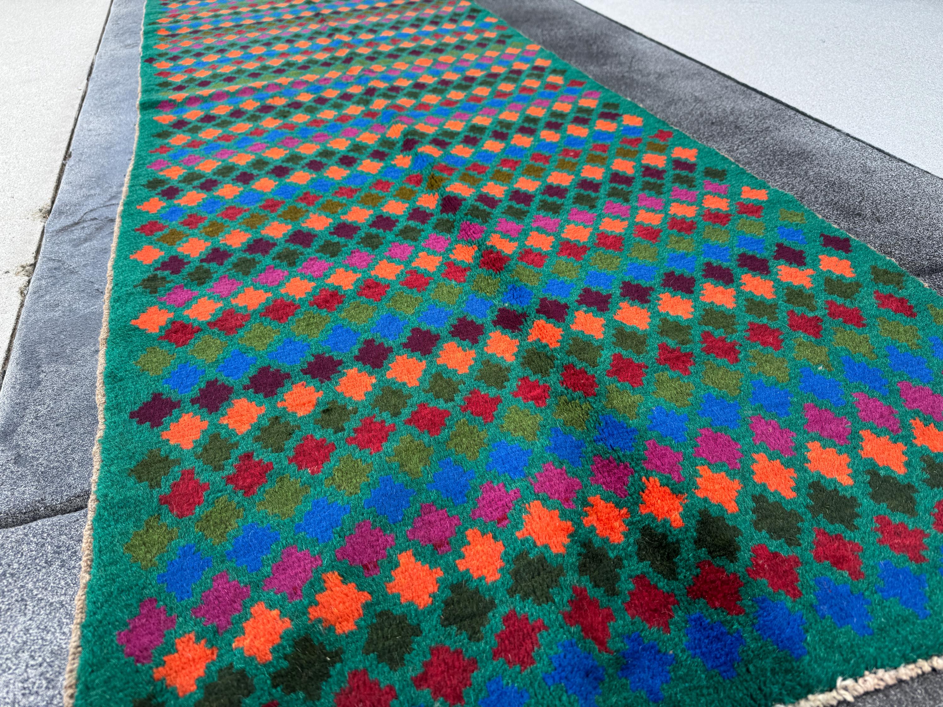 3x9 Handmade Vintage Afghan Baluch Runner Rug | Forest Olive Pine Green Navy Blue Cream Burnt Orange Magenta Rose Pink Purple | Wool