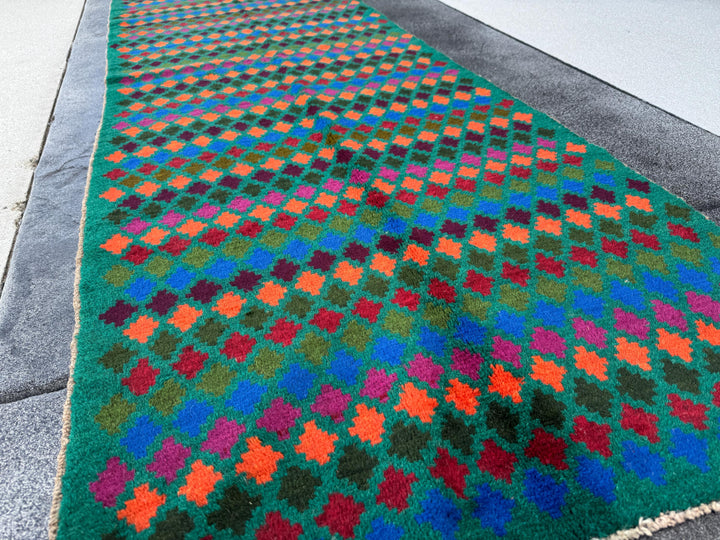 3x9 Handmade Vintage Afghan Baluch Runner Rug | Forest Olive Pine Green Navy Blue Cream Burnt Orange Magenta Rose Pink Purple | Wool