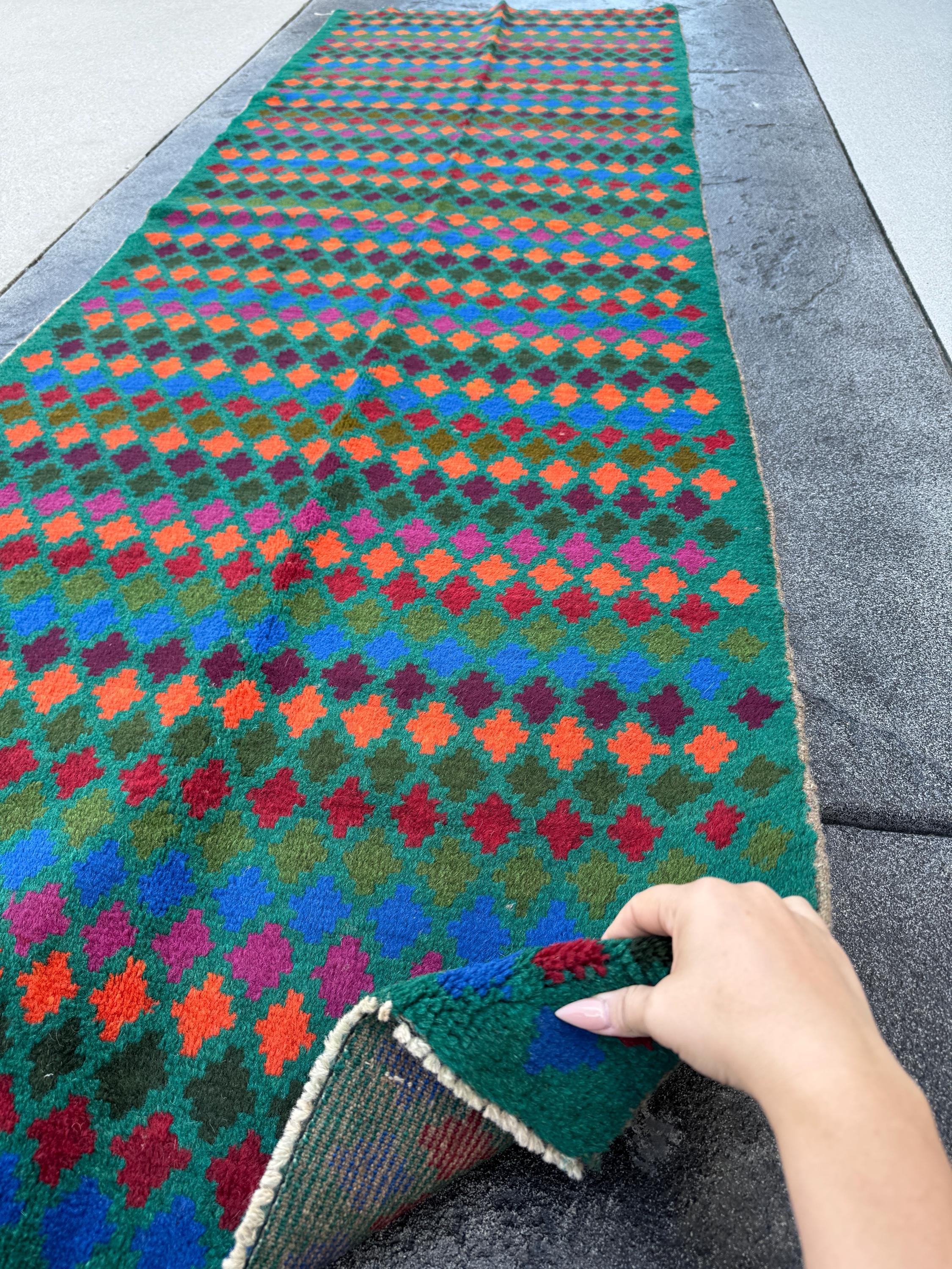 3x9 Handmade Vintage Afghan Baluch Runner Rug | Forest Olive Pine Green Navy Blue Cream Burnt Orange Magenta Rose Pink Purple | Wool