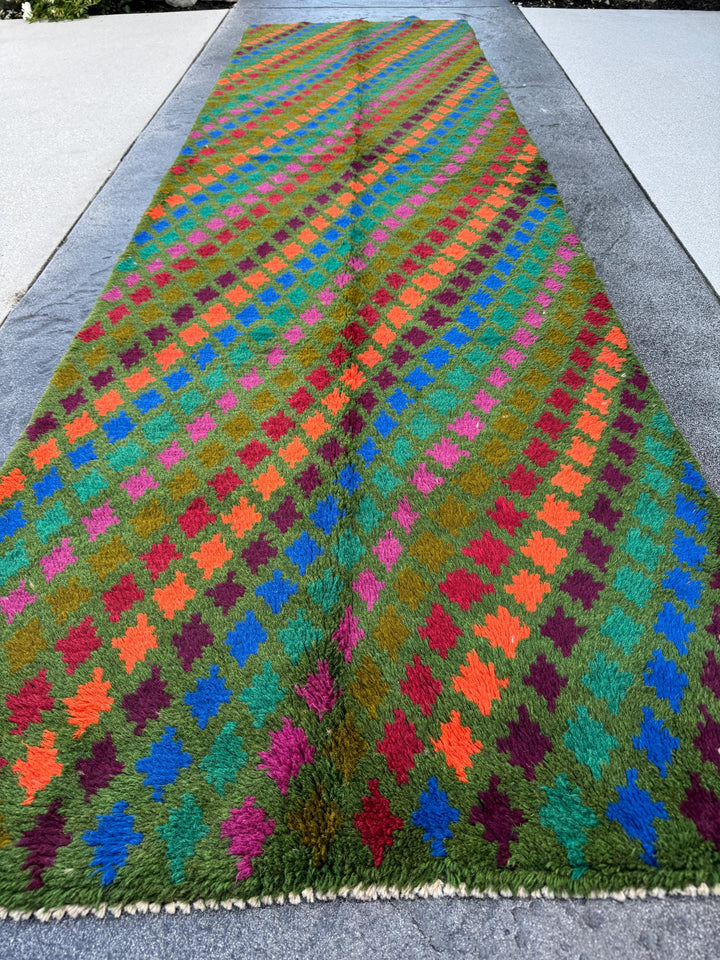 3x10 Handmade Vintage Afghan Baluch Runner Rug | Pine Olive Forest Green Brick Red Burnt Orange Magenta Eggplant Purple Navy Blue | Wool