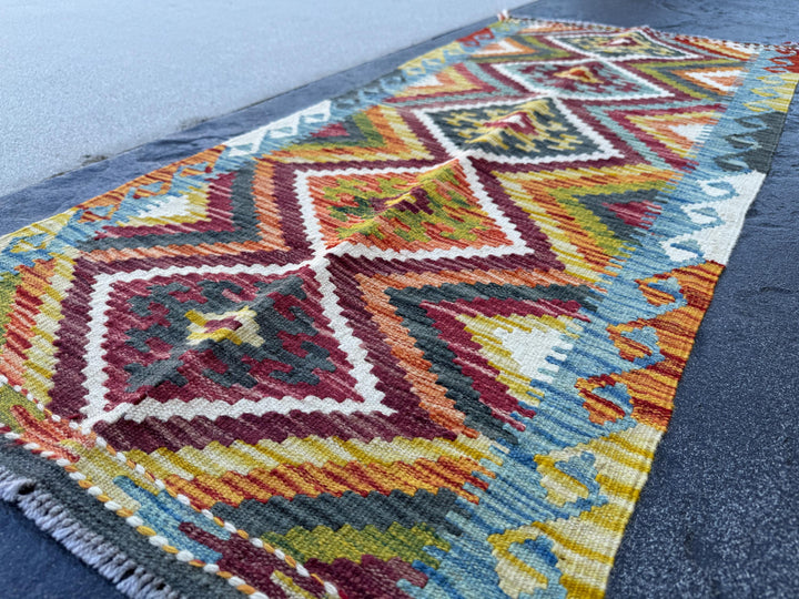 2x5 Handmade Afghan Kilim Runner Rug | Burgundy Rust Red Burnt Orange Mustard Yellow Olive Green Teal Aqua Blue Cream White Grey | Flatwoven