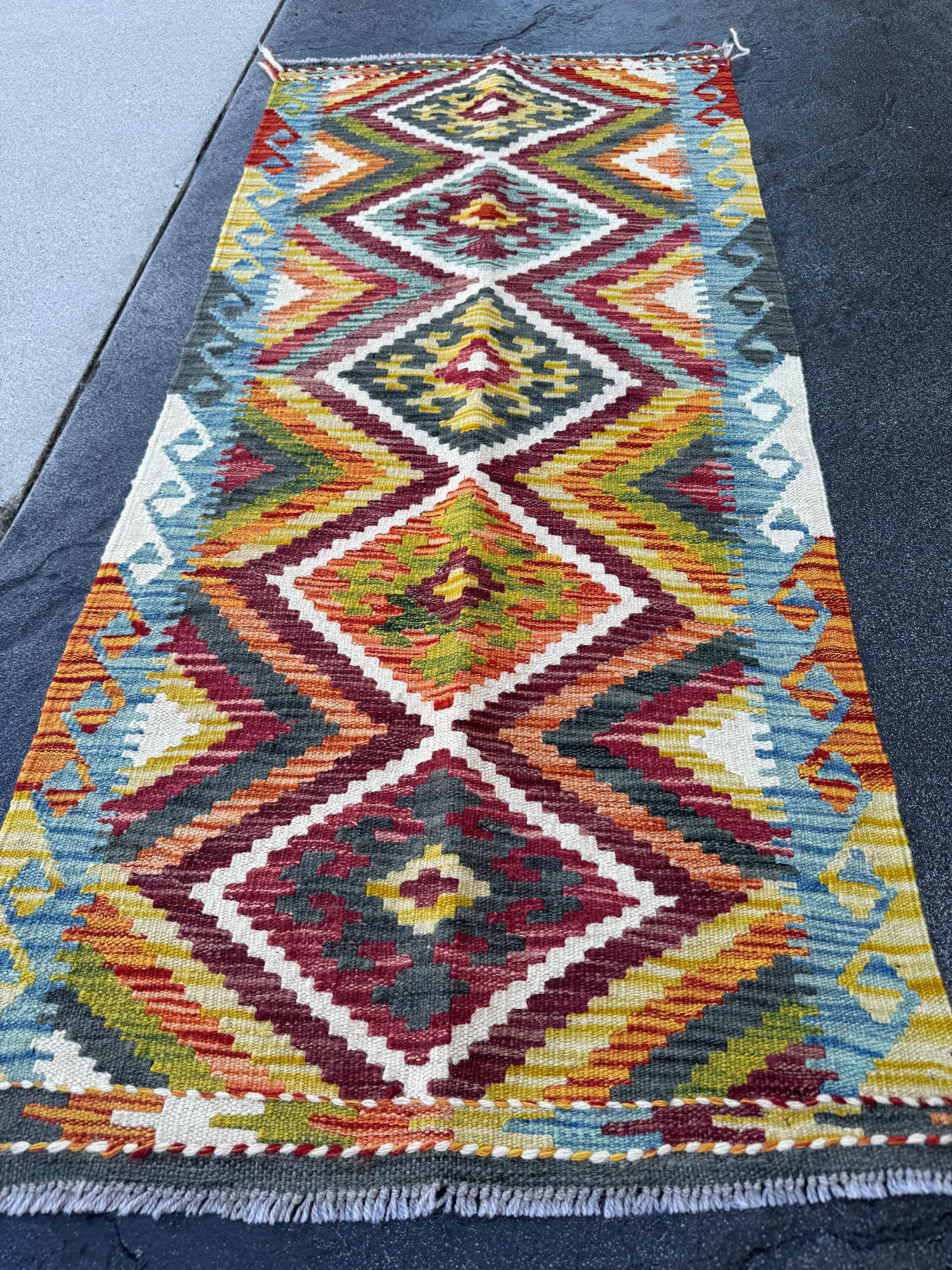 2x5 Handmade Afghan Kilim Runner Rug | Burgundy Rust Red Burnt Orange Mustard Yellow Olive Green Teal Aqua Blue Cream White Grey | Flatwoven