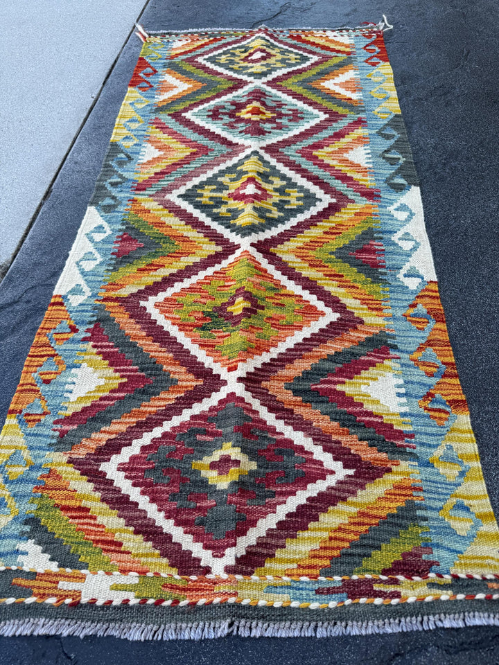 2x5 Handmade Afghan Kilim Runner Rug | Burgundy Rust Red Burnt Orange Mustard Yellow Olive Green Teal Aqua Blue Cream White Grey | Flatwoven