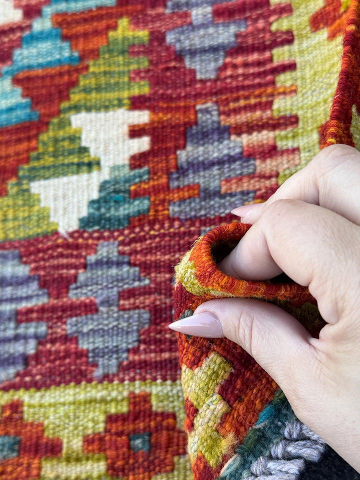 3x4 Handmade Afghan Kilim Rug | Rust Red Mustard Yellow Burnt Orange Olive Green Teal Aqua Blue Cream White Grey Purple | Wool Flatwoven