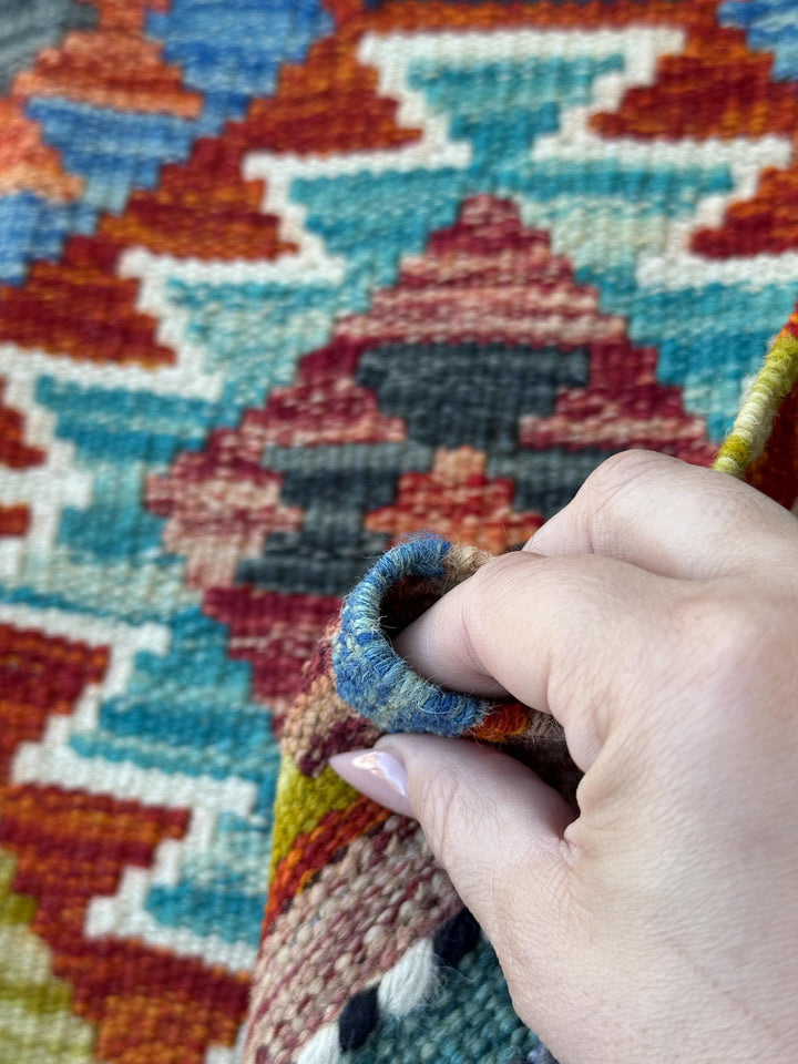 2x5 Handmade Afghan Kilim Runner Rug | Rust Red Burnt Orange Mustard Yellow Teal Aqua Blue Olive Green Purple Cream Grey Black | Flatwoven
