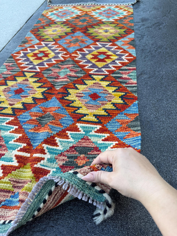2x5 Handmade Afghan Kilim Runner Rug | Rust Red Burnt Orange Mustard Yellow Teal Aqua Blue Olive Green Purple Cream Grey Black | Flatwoven