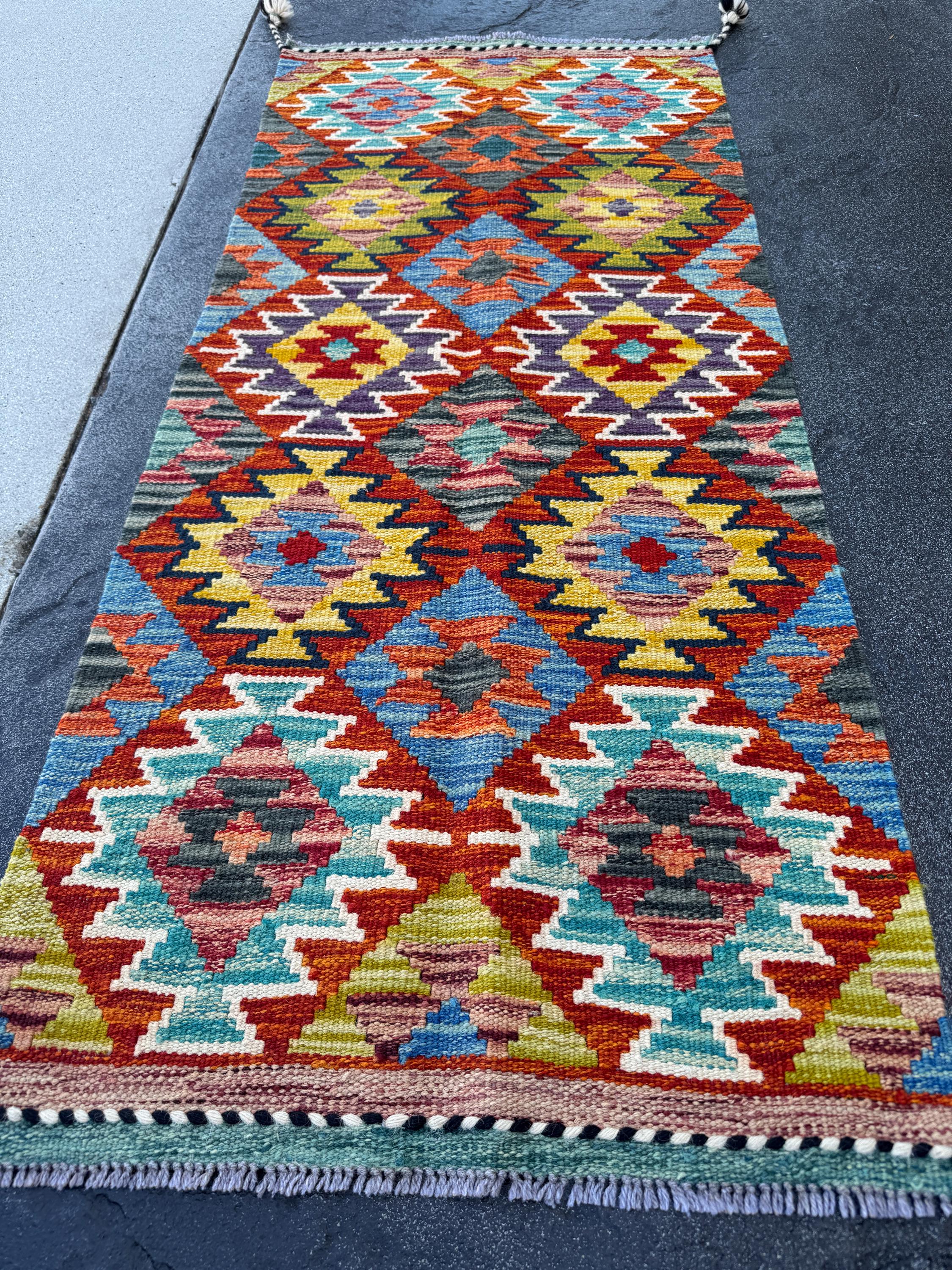 2x5 Handmade Afghan Kilim Runner Rug | Rust Red Burnt Orange Mustard Yellow Teal Aqua Blue Olive Green Purple Cream Grey Black | Flatwoven