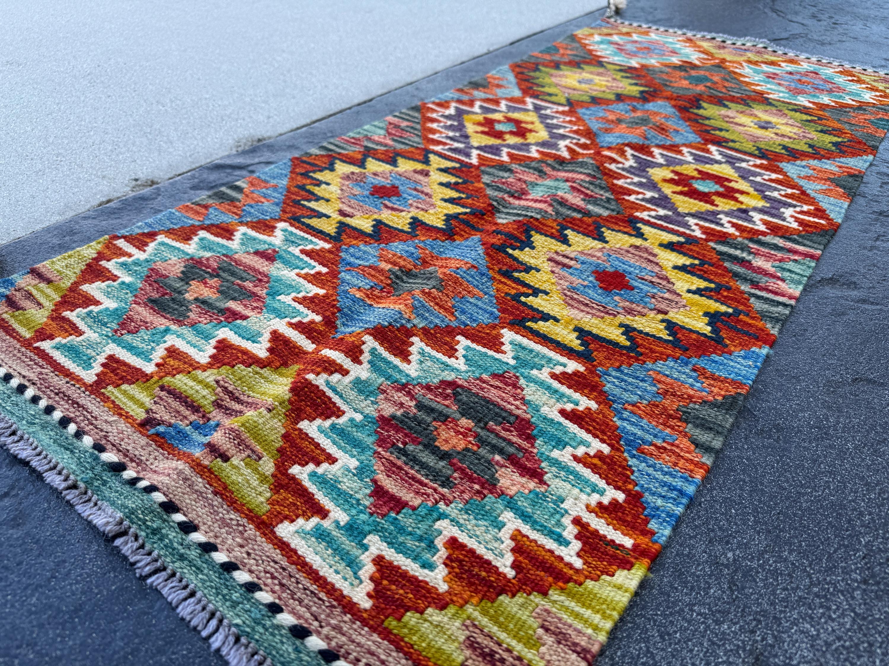 2x5 Handmade Afghan Kilim Runner Rug | Rust Red Burnt Orange Mustard Yellow Teal Aqua Blue Olive Green Purple Cream Grey Black | Flatwoven
