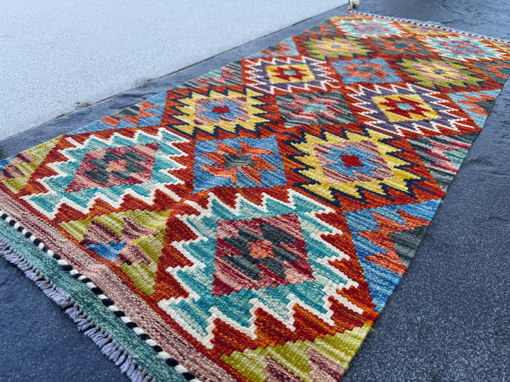 2x5 Handmade Afghan Kilim Runner Rug | Rust Red Burnt Orange Mustard Yellow Teal Aqua Blue Olive Green Purple Cream Grey Black | Flatwoven