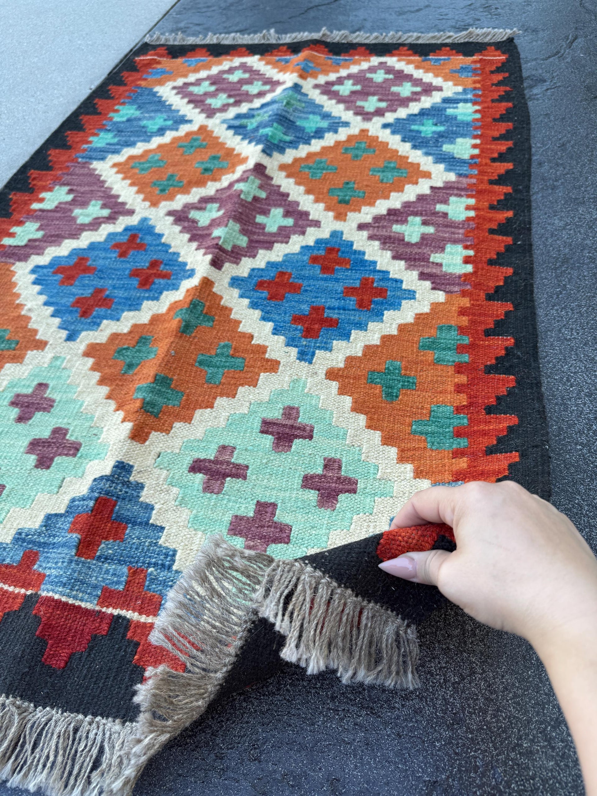 3x5 (91x152) Handmade Afghan Kilim Rug | Black Burnt Orange Cream Beige Red Blue Teal Mint Green Purple | Wool Flatwoven