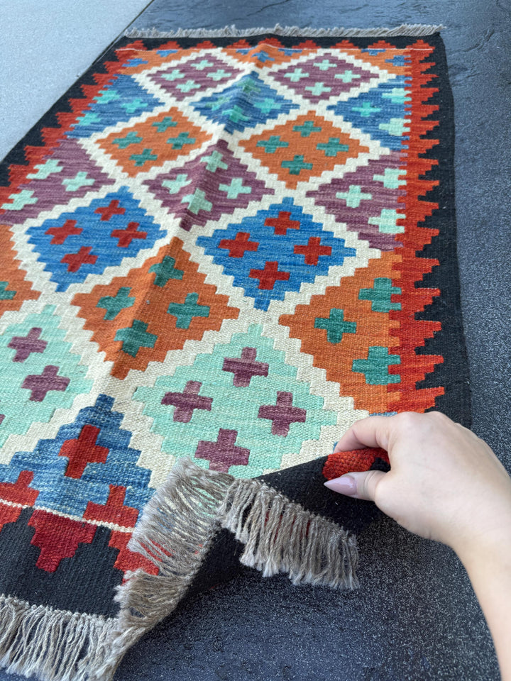 3x5 (91x152) Handmade Afghan Kilim Rug | Black Burnt Orange Cream Beige Red Blue Teal Mint Green Purple | Wool Flatwoven