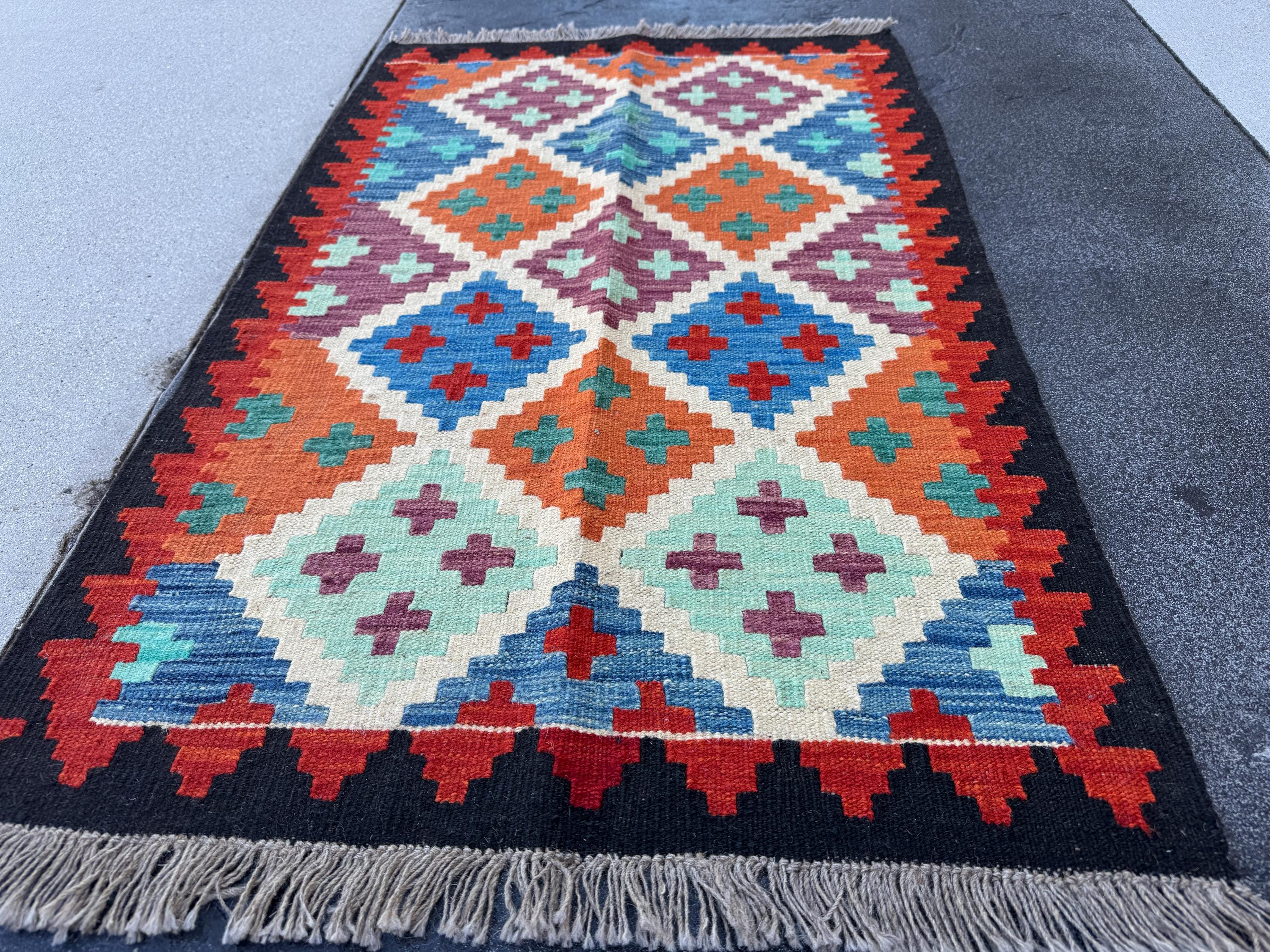 3x5 (91x152) Handmade Afghan Kilim Rug | Black Burnt Orange Cream Beige Red Blue Teal Mint Green Purple | Wool Flatwoven