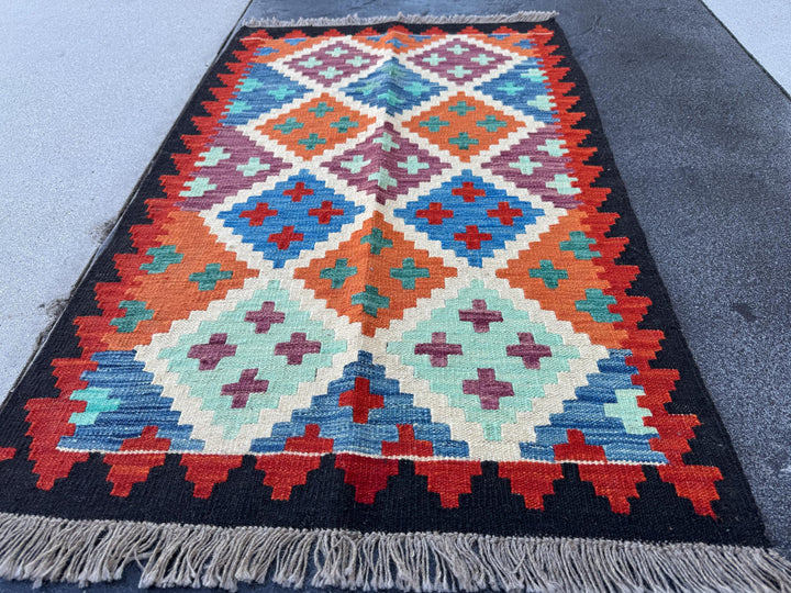 3x5 (91x152) Handmade Afghan Kilim Rug | Black Burnt Orange Cream Beige Red Blue Teal Mint Green Purple | Wool Flatwoven