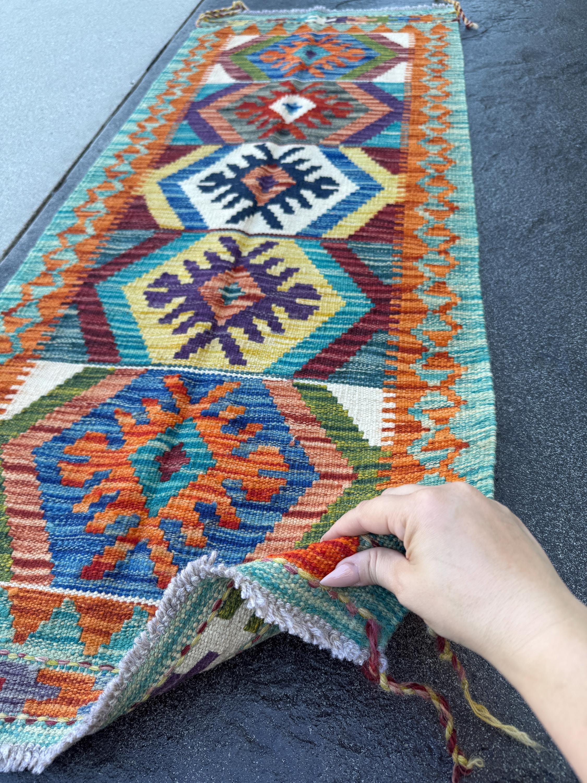 2x5 Handmade Afghan Kilim Runner Rug | Teal Aqua Blue Burnt Orange Cream White Mustard Yellow Olive Green Navy Purple Rust Red Grey | Wool
