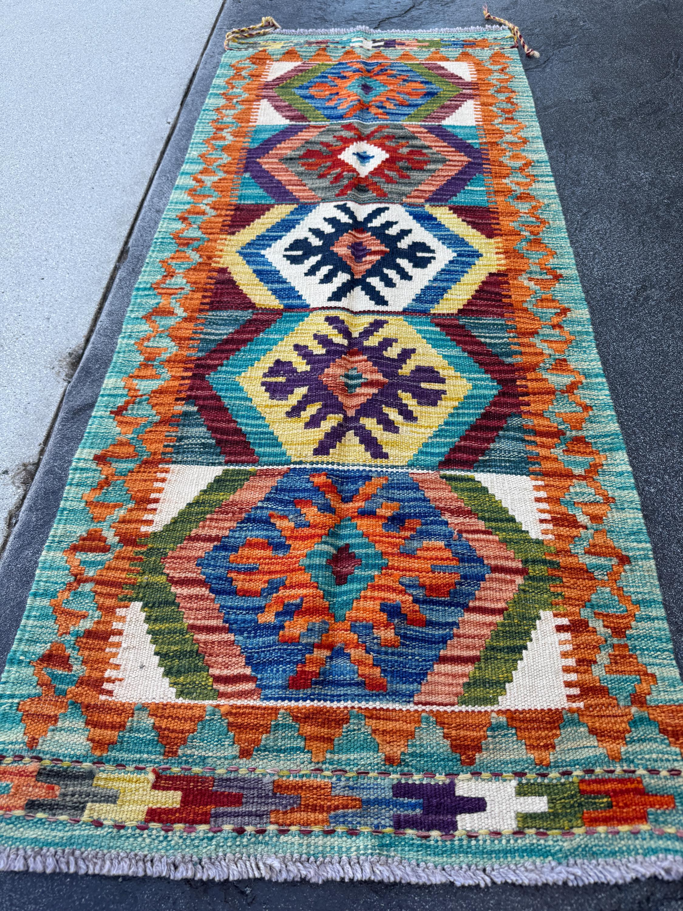 2x5 Handmade Afghan Kilim Runner Rug | Teal Aqua Blue Burnt Orange Cream White Mustard Yellow Olive Green Navy Purple Rust Red Grey | Wool