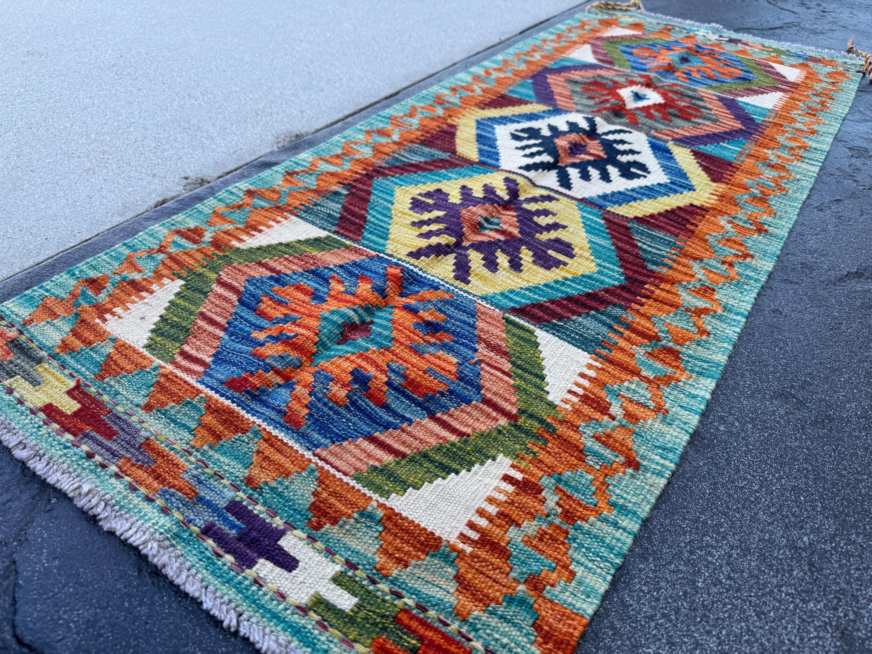 2x5 Handmade Afghan Kilim Runner Rug | Teal Aqua Blue Burnt Orange Cream White Mustard Yellow Olive Green Navy Purple Rust Red Grey | Wool
