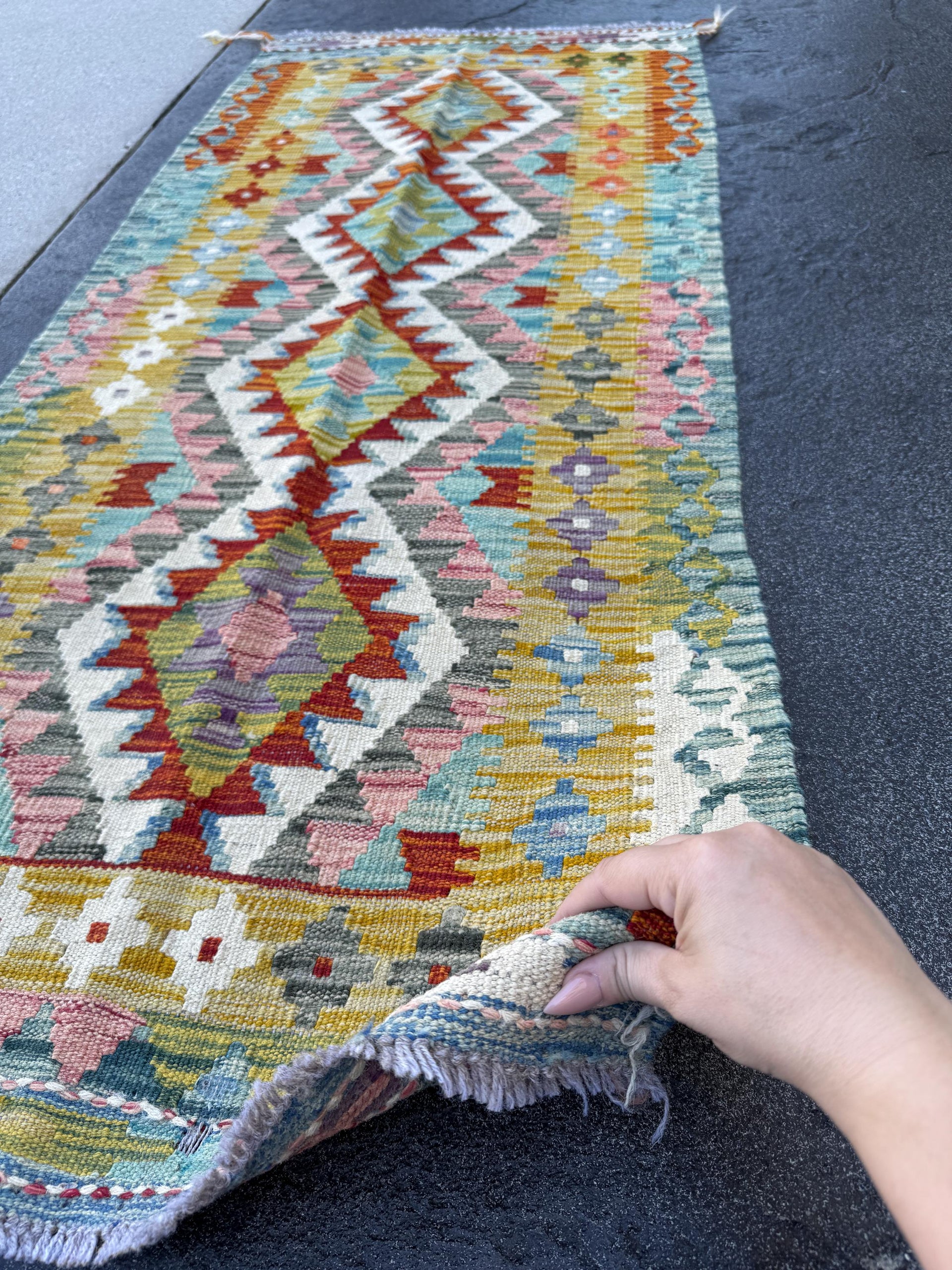2x5 Handmade Afghan Kilim Runner Rug | Mustard Yellow Rust Red Cream White Teal Aqua Blue Olive Green Pink Purple Grey | Wool Flatwoven