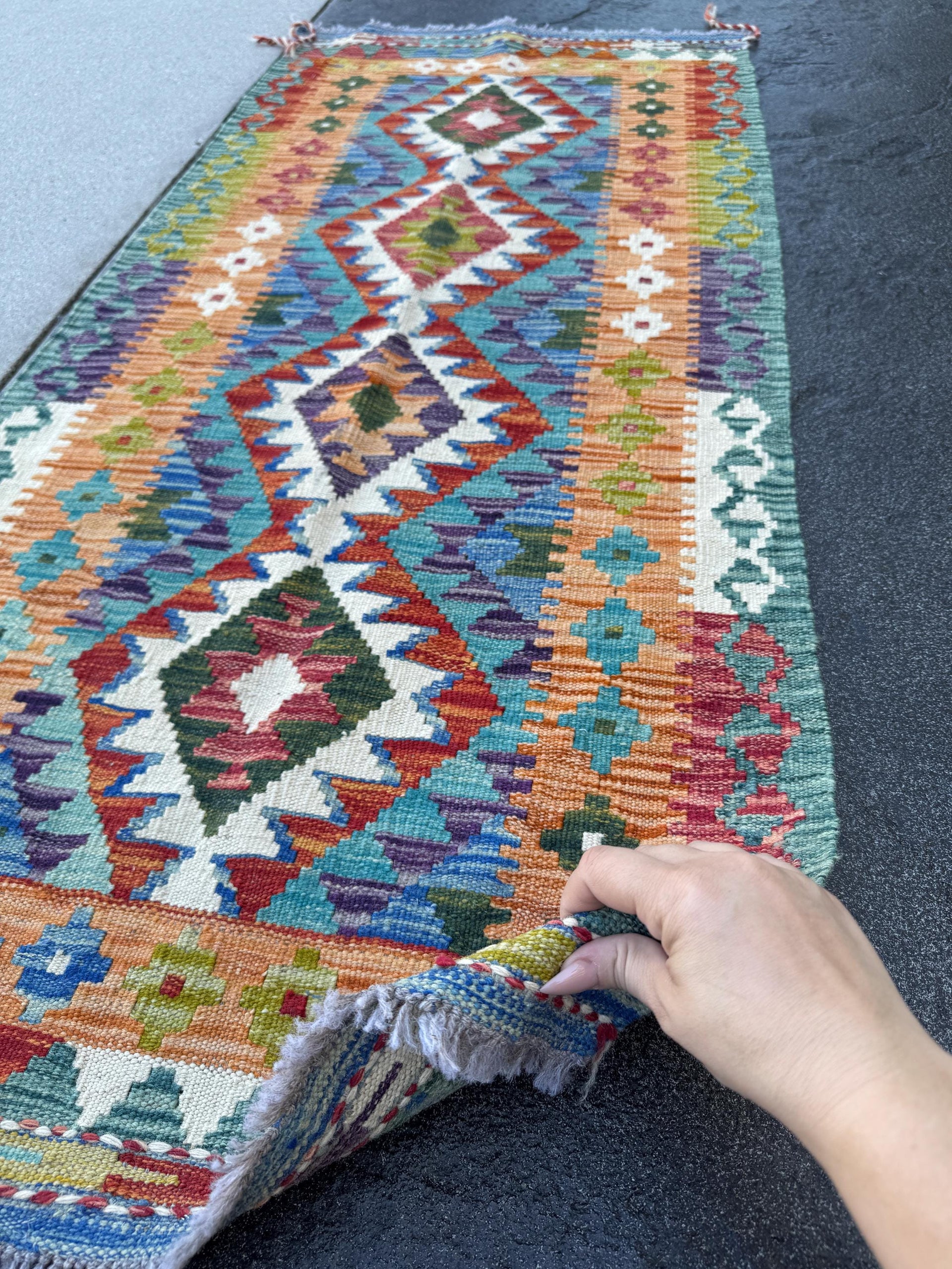 2x5 Handmade Afghan Kilim Runner Rug | Burnt Orange Teal Aqua Blue Forest Green Burgundy Red Purple Mustard Yellow Cream White Navy | Wool