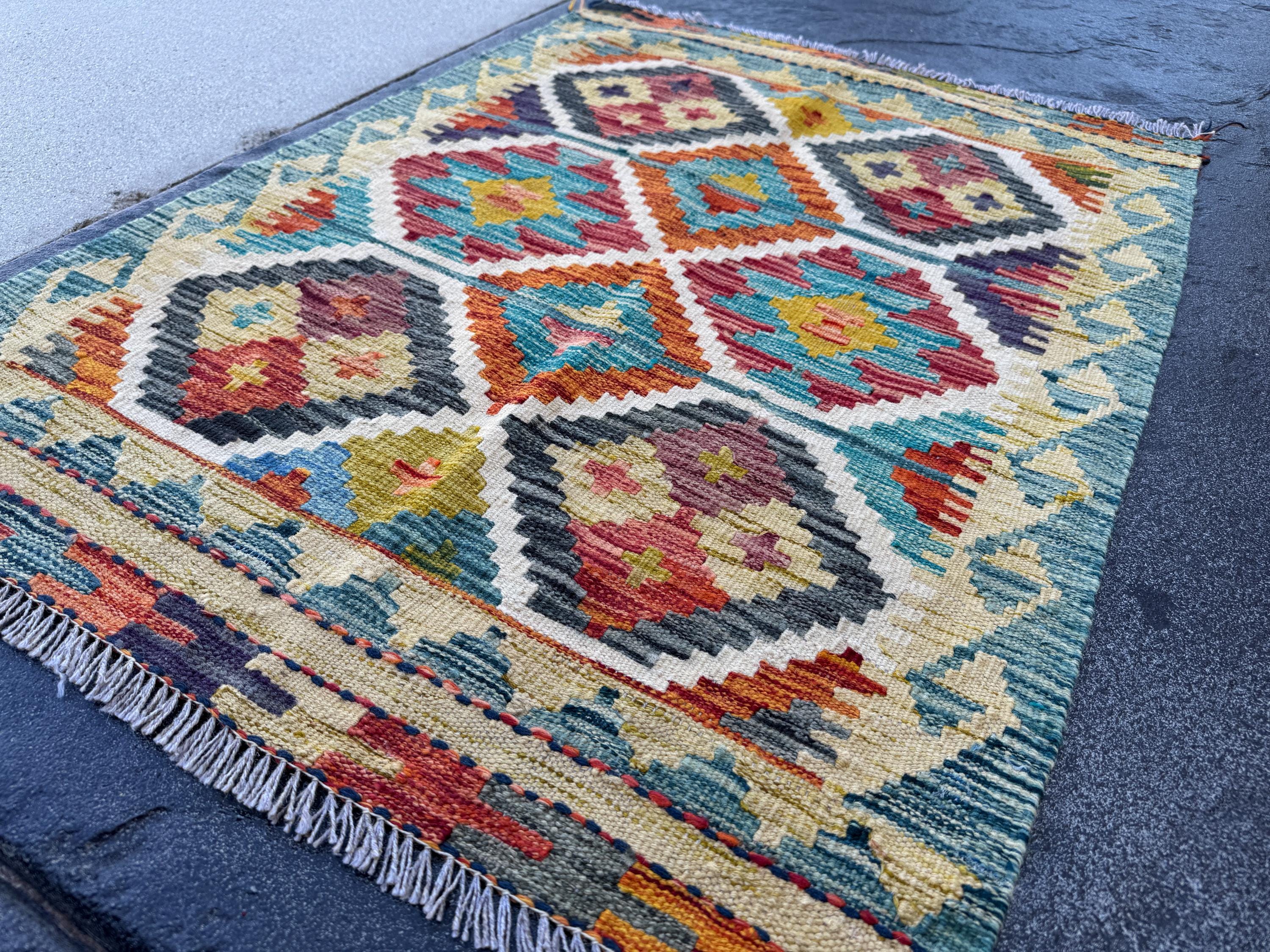 3x4 Handmade Afghan Kilim Rug | Beige Cream Mustard Yellow Rust Red Burnt Orange Olive Green Teal Aqua Blue Navy Purple Grey | Flatwoven