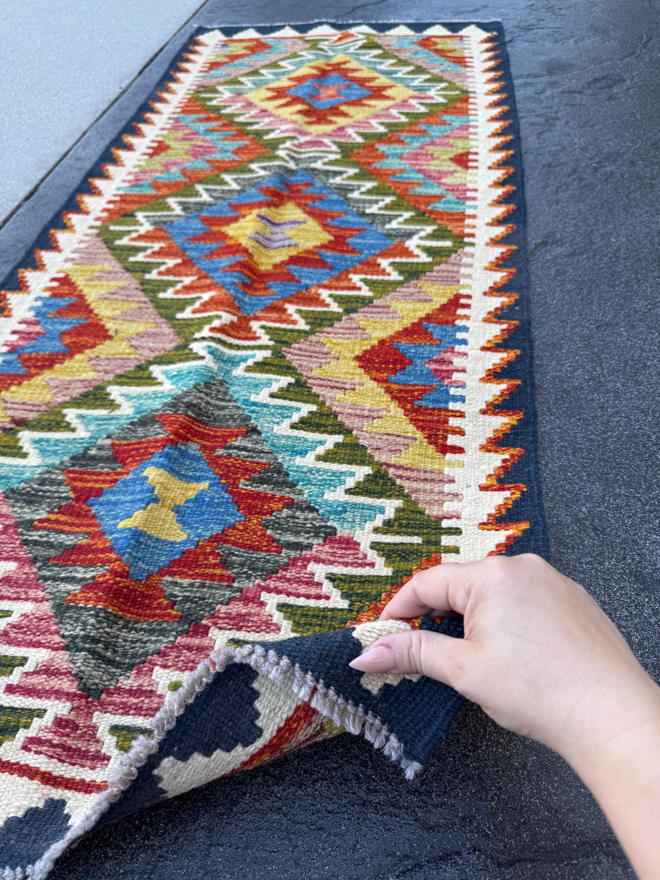 2x5 Handmade Afghan Kilim Runner Rug | Olive Green Rust Red Teal Burnt Orange Mustard Yellow Cream White Aqua Blue Navy Purple Grey | Wool