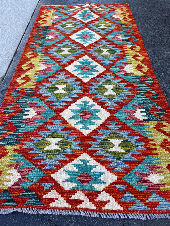 2x5 Handmade Afghan Kilim Runner Rug | Rust Red Burnt Orange Cream White Mustard Yellow Olive Green Aqua Blue Teal Pink Grey | Flatwoven