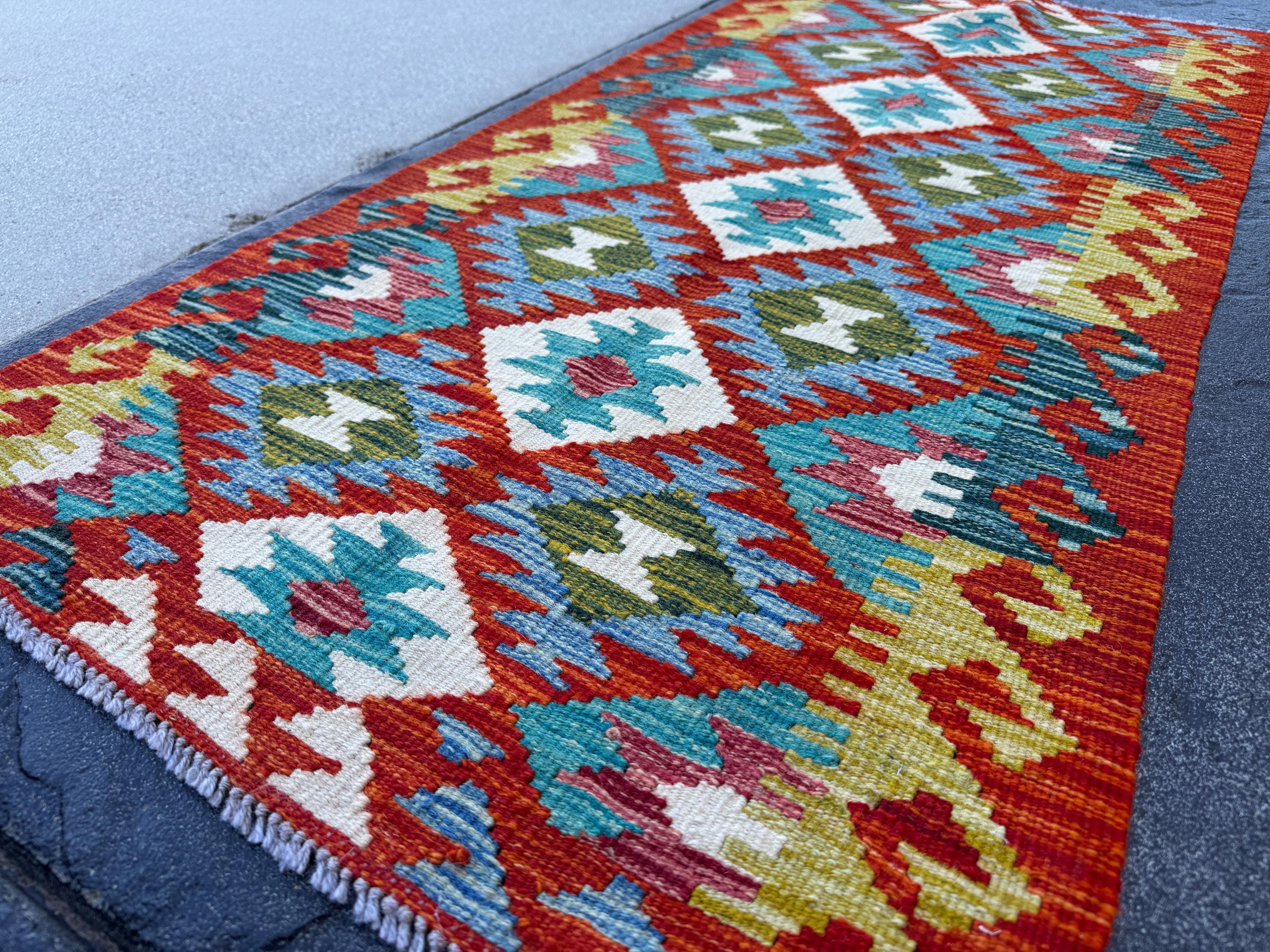 2x5 Handmade Afghan Kilim Runner Rug | Rust Red Burnt Orange Cream White Mustard Yellow Olive Green Aqua Blue Teal Pink Grey | Flatwoven