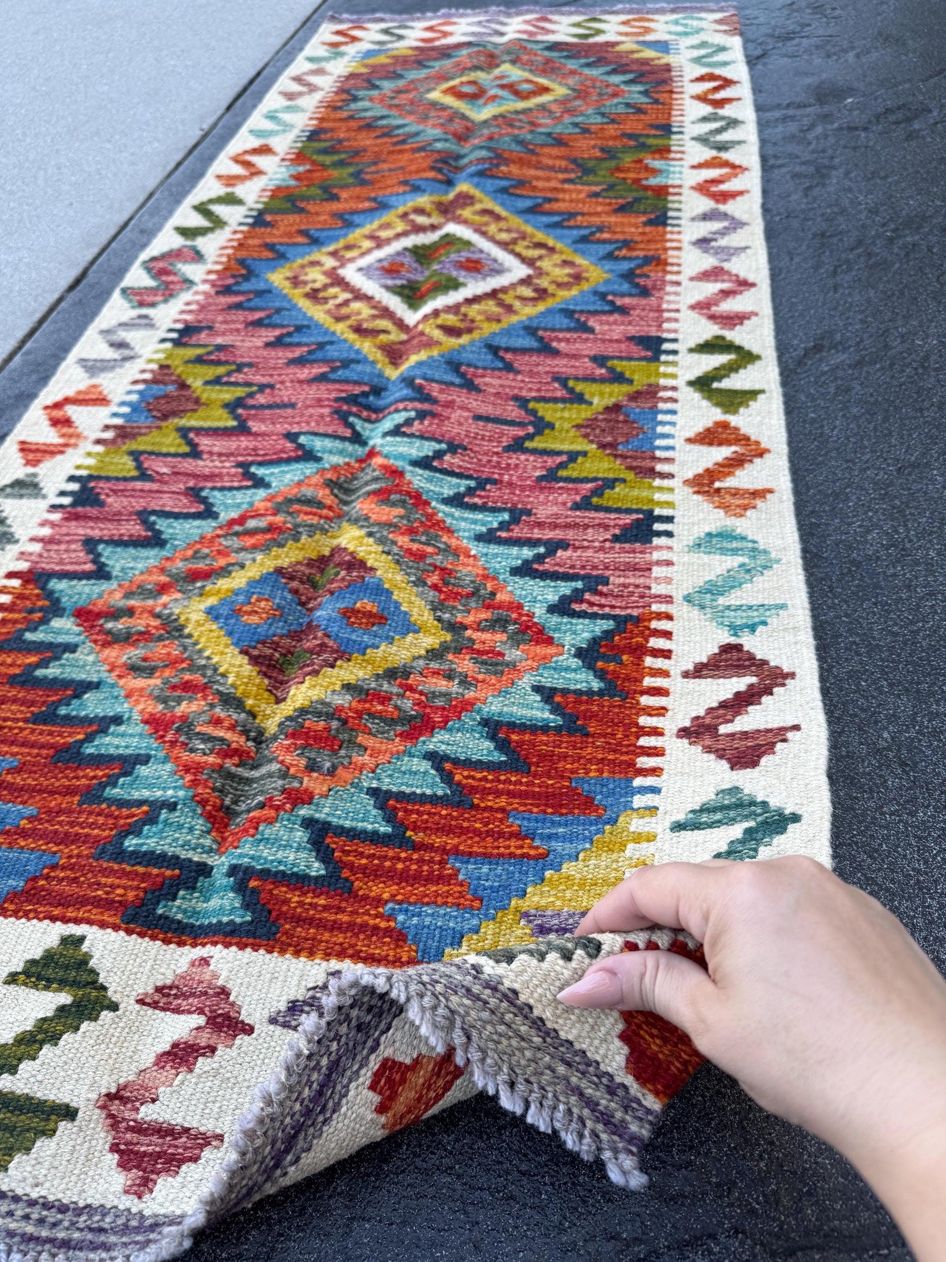 2x5 Handmade Afghan Kilim Runner Rug | Rust Red Burnt Orange Cream White Mustard Yellow Olive Green Teal Aqua Blue Navy Purple Grey