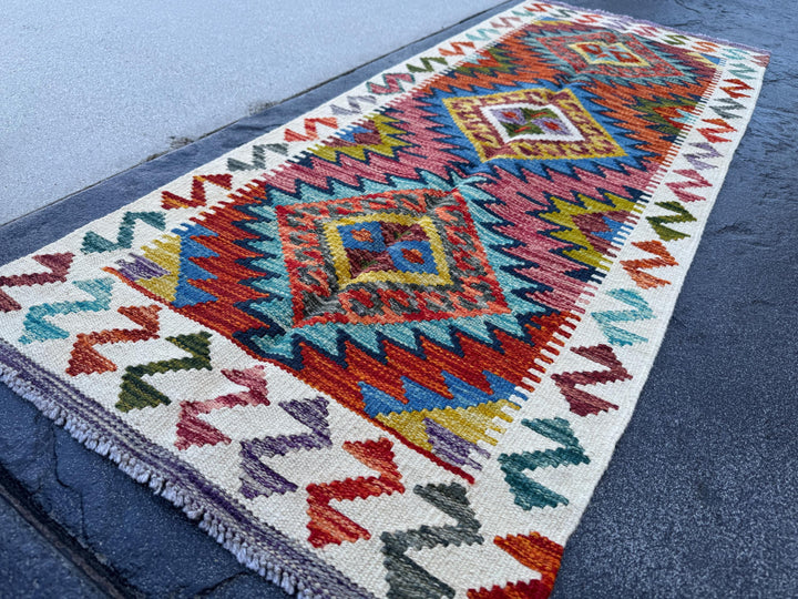 2x5 Handmade Afghan Kilim Runner Rug | Rust Red Burnt Orange Cream White Mustard Yellow Olive Green Teal Aqua Blue Navy Purple Grey