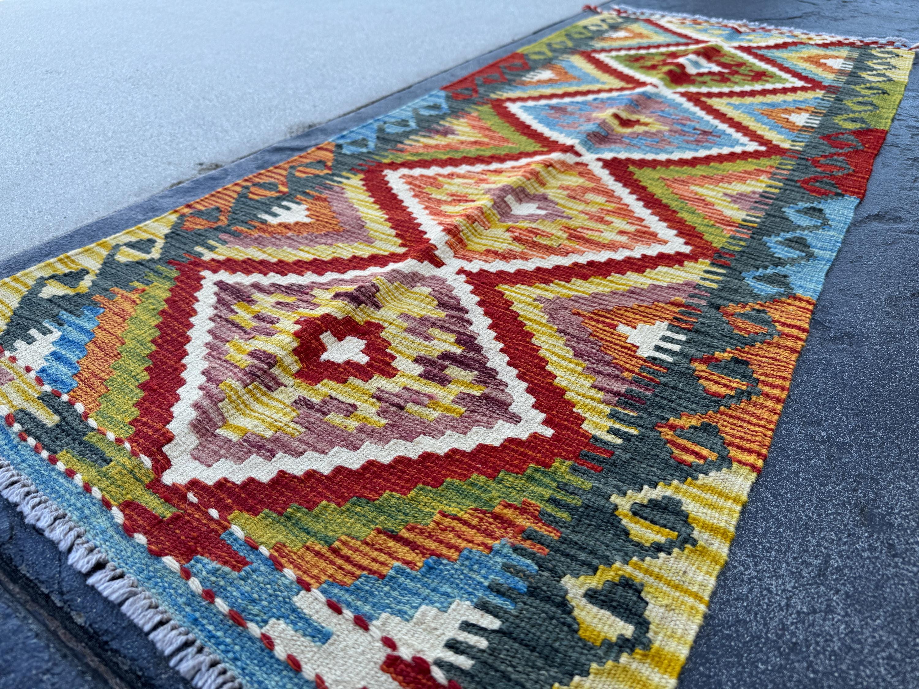 2x5 Handmade Afghan Kilim Runner Rug | Deep Red Burnt Orange Mustard Yellow Olive Green Cream White Sky Blue Navy Plum Charcoal | Flatwoven